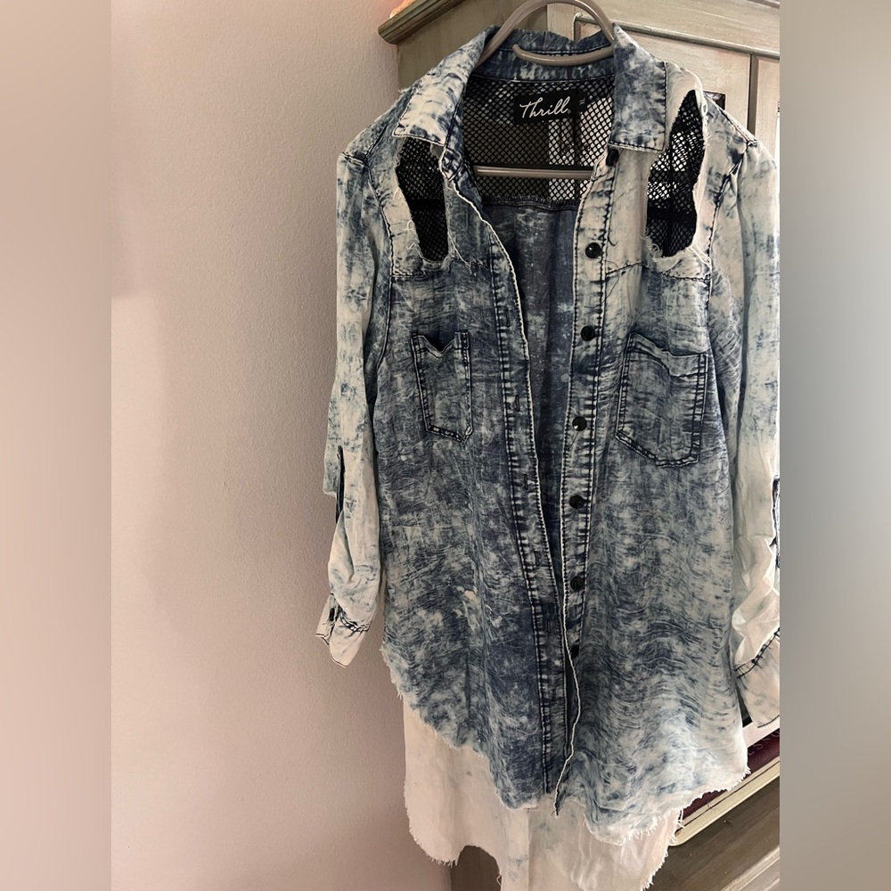 Thrill Distressed Denim Button-Up Shirt